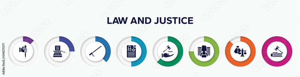 infographic element with law and justice filled icons. included murder, stenographer, baton, criminal record, qualified protection, prisoner, inheritance law, employment law vector.