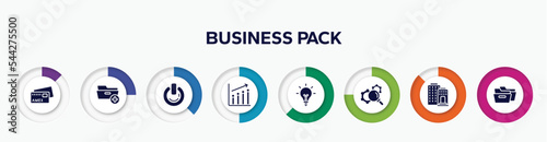 infographic element with business pack filled icons. included , folder with plus, on power, seo performance, lightbulb black tool shape, gear with magnifying glass, federal bank, two black folders