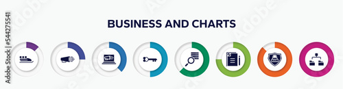 infographic element with business and charts filled icons. included bobsleigh, product promotion, laptop computer, old key in diagonal, data searching, copywriting, ssl, diagram folder vector.