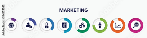 infographic element with marketing filled icons. included ad blocker, hire, locked padlock, business journal, wheel with cogs, person shape, line graph, hiring vector.