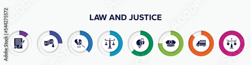 infographic element with law and justice filled icons. included wills and trusts, bankruptcy, divorce, adminstrative law, intellectual property, police cap, prisoner transport vehicle, justice scale