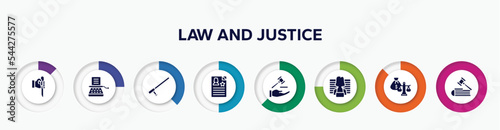 infographic element with law and justice filled icons. included murder, stenographer, baton, criminal record, qualified protection, prisoner, inheritance law, employment law vector.