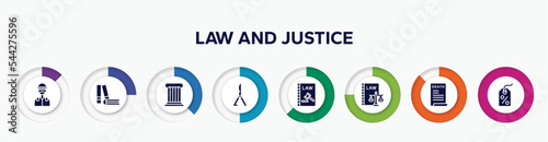 infographic element with law and justice filled icons. included , practise areas, roman law, butterfly knife, constitutional law, labour and social death certificate, bargain vector.