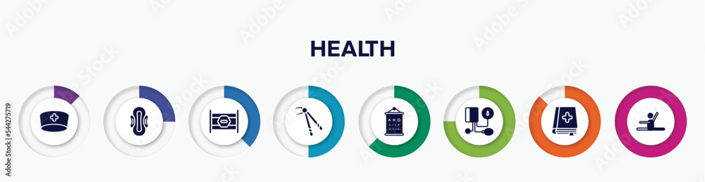 infographic element with health filled icons. included doctor cap, sanitary napkin, road block, forcep, sight check table, tonometer, medicine book, stretch vector. infographic element with health filled icons. included doctor cap, sanitary napkin, road block, forcep, sight check table, tonometer, medicine book, stretch vector.