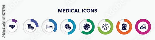 infographic element with medical icons filled icons. included medicine capsule, phareutical drugs, human sleeping on bed, medicines time, hospital medical, spheres connected by lines, brunette