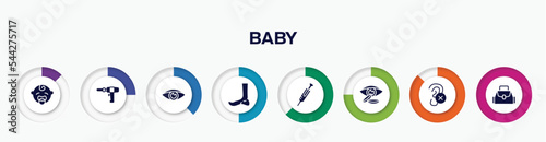 infographic element with baby filled icons. included baby boy, medical drill, eyesight, ankle, syringe needle, contact lens, impaired, baby bag vector.