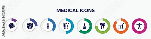 infographic element with medical icons filled icons. included brain body organ, face of a woman, ball of the knee, dentist tools, test tube and flask, dental caries, increasing bargraph, men vector.