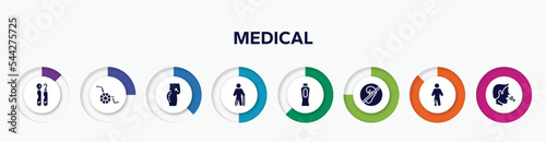 infographic element with medical filled icons. included dental hook, handicap, butt, injured male, baby powder, deaf, prosthetic, breath vector.