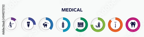 infographic element with medical filled icons. included fireman, baby cream, brushing teeth, body oil, momentum, eye drop, neurology reflex hammer, orthodontic vector.
