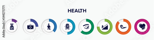 infographic element with health filled icons. included medicine pills container, medicine kit with first aid, injured leg of man, frontal ambulance, closed eyes with lashes and brows, mechanical