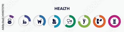 infographic element with health filled icons. included weights, candle flower, hypersensitive, decay, medical stethoscope variant, human footprints, bad breath, recycle bin container vector.