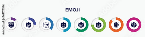 infographic element with emoji filled icons. included smiling with halo emoji, hand over mouth emoji, monocle angry crying silent vomit drool vector.