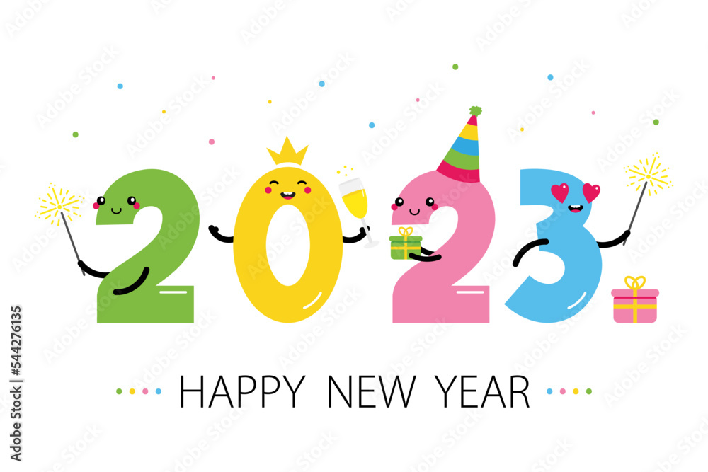 Happy New Year 2023 vector card, illustration with cute cartoon style numbers characters celebrating, smiling, giving gifts, having fun.
Happy New Year 2023 vector card, illustration with cute cartoon style numbers characters celebrating, smiling, giving gifts, having fun.
