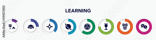 infographic element with learning filled icons. included car park, shakespeare, roundabout, saturn, driving, sports and competition, driving school, qa vector.