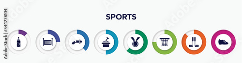 infographic element with sports filled icons. included feeder, crib, damaged, sandbox, medals, basketball gear, golf equipment, football boots vector.