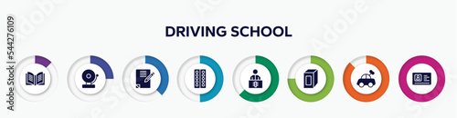 infographic element with driving school filled icons. included yearbook, school bell, homework, blister, x ray, juice box, toy car, driving license vector.