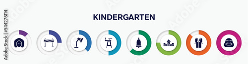 infographic element with kindergarten filled icons. included newton, traffic barrier, adjustable lamp, highchair, school alarm, fort, lab coat, beanbag vector.