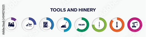 infographic element with tools and hinery filled icons. included air compressor, tipper truck, window cleaner, sand, level gauge, knife file, toilet brush, small crane vector.