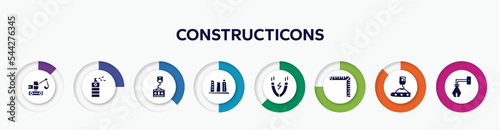 infographic element with constructicons filled icons. included digger, paint spray can, crane holding construction panel, building hand drawn tower, inclined magnet, angle ruler, crane hand drawn
