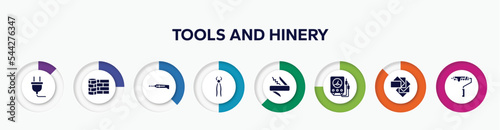 infographic element with tools and hinery filled icons. included electrical plug, linoleum, stationery knife, nail puller, jackknife, electric gauge, color pack, brush for painting vector.
