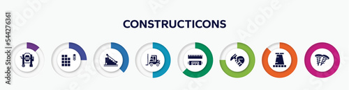 infographic element with constructicons filled icons. included concrete mixer tool, tiles detail of construction, stairs with handle, forklift tool, rule and level, hammer in hand, road stopper, two