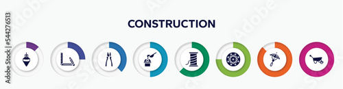 infographic element with construction filled icons. included plumb bob, drawing tool, clamps, crucible, copper wire, beadwork, japanese umbrella, barrow vector.