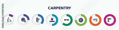 infographic element with carpentry filled icons. included carpenter, knot, extension cord, gas pipe, eye protection, cross stitch, soldering iron, hand drill vector.