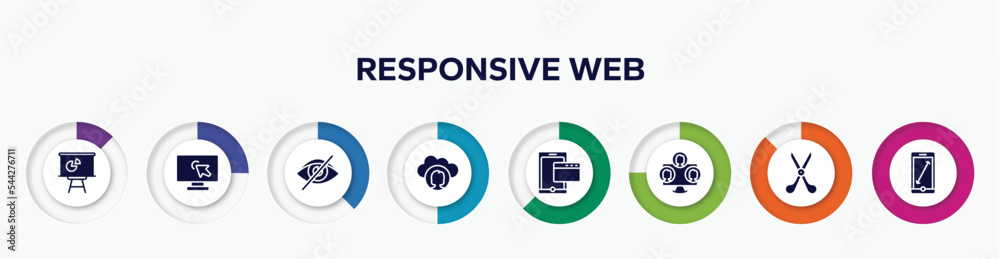 infographic element with responsive web filled icons. included statistics presentation, computer screen with arrow, visibility off, cloud computing user, tablet phone and browser, three users, infographic element with responsive web filled icons. included statistics presentation, computer screen with arrow, visibility off, cloud computing user, tablet phone and browser, three users,