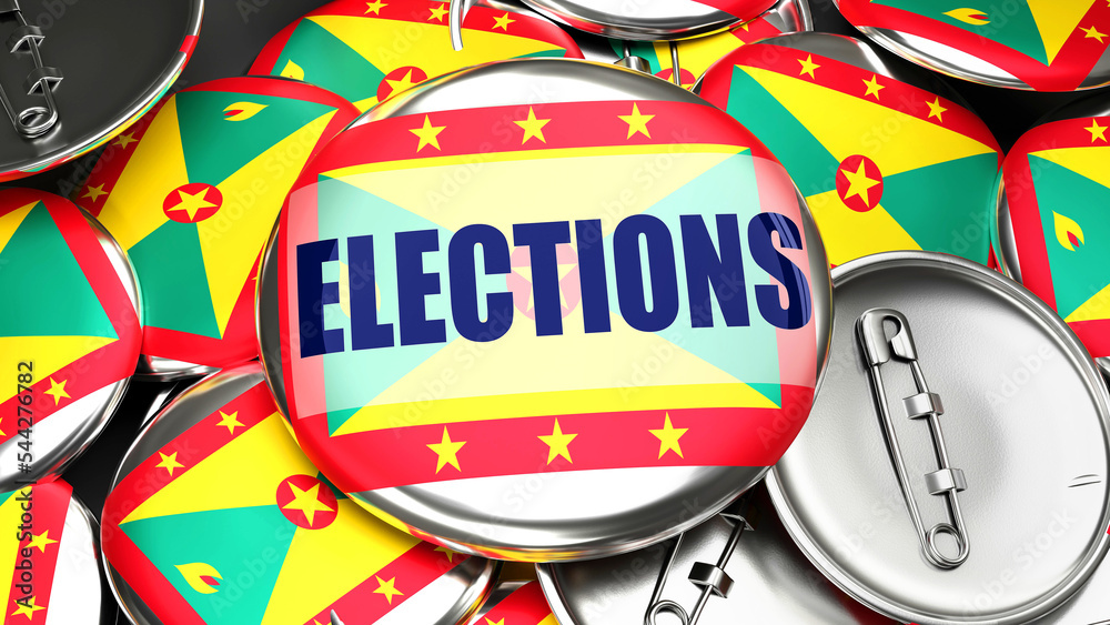 Fototapeta premium Grenada and Elections - dozens of pinback buttons with a flag of Grenada and a word Elections. 3d render symbolizing upcoming Elections in this country.,3d illustration