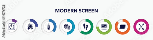 infographic element with modern screen filled icons. included standby, power button, wax seal with ribbon, memory stick, server with the earth, footsteps, all screens sizes, tablet screen in