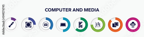 infographic element with computer and media filled icons. included missile war weapon, button touch, mail, perspective of tool, broken sreen, chart of columns, 2 squares, server cloud vector.