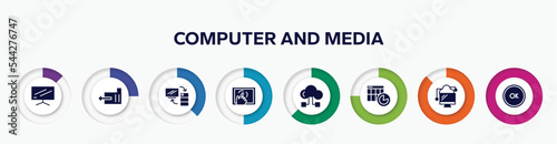 infographic element with computer and media filled icons. included flatscreen tv, export folder, server client exchange, cellphone in a hand, hosting download, spreadsheet chart, data transference
