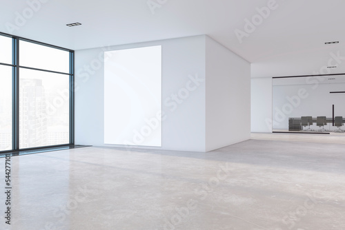 Modern meeting room hallway interior with glass wall, window with city view and blank mock up banner. 3D Rendering.