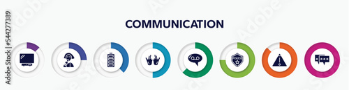 infographic element with communication filled icons. included , reporter, full battery, voice message, police badge, warning, online chat photo