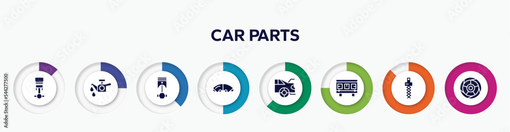 infographic element with car parts filled icons. included car piston, car oil pump, cylinder, brake pad, boot, cylinder head, coil, tyre vector. infographic element with car parts filled icons. included car piston, car oil pump, cylinder, brake pad, boot, cylinder head, coil, tyre vector.