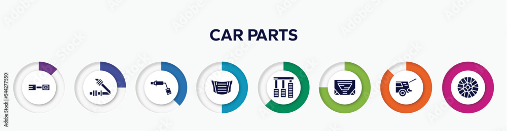 infographic element with car parts filled icons. included car petrol cap, car seat belt or safety belt, wheel brace, bonnet, accelerator, sunroof or sunshine roof, taiate, hubcap vector. infographic element with car parts filled icons. included car petrol cap, car seat belt or safety belt, wheel brace, bonnet, accelerator, sunroof or sunshine roof, taiate, hubcap vector.