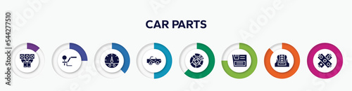 infographic element with car parts filled icons. included car manifold, car towbar, fuel gauge, soft top, brake, glove compartment, cowl, gasket vector.