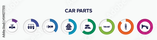 infographic element with car parts filled icons. included car rear-view mirror, car pedal, horn, bucket seat, roof, bumper, silencer, fender (us, canadian) vector.