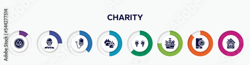 infographic element with charity filled icons. included clean water, , blood donation, dog pawprint, voluntary service, charity food, charity app, animal shelter vector.
