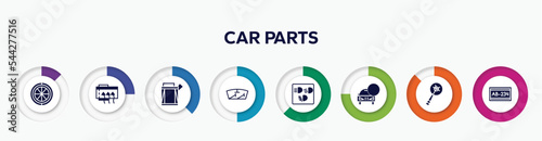 infographic element with car parts filled icons. included car spare wheel, car demister, petrol tank, windscreen, dashboard, lock, crank, numberplate vector.