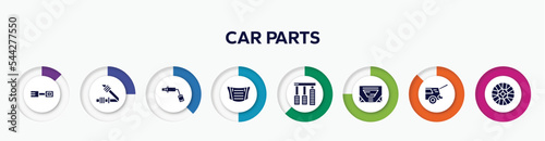 infographic element with car parts filled icons. included car petrol cap, car seat belt or safety belt, wheel brace, bonnet, accelerator, sunroof or sunshine roof, taiate, hubcap vector.