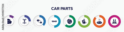 infographic element with car parts filled icons. included car trim, car chassis, camshaft, grille or radiator grille, disc brake, choke, catalytic converter, distributor cap vector.