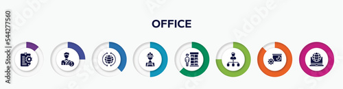infographic element with office filled icons. included instruction, banker, worldwide, miner, retailer, hierarchical structure, facilities, intranet vector.