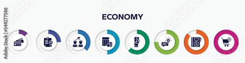 infographic element with economy filled icons. included debit card, confirmation, competitor, budgeting, penalty, suggestion, contact book, add to cart vector.