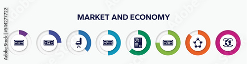infographic element with market and economy filled icons. included krone, generic, office chair, forint, curriculum, som, random, connector vector.