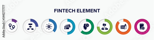infographic element with fintech element filled icons. included criminal, flowchart, centralized, card payment, time mind, root directory, check book, fintech vector.