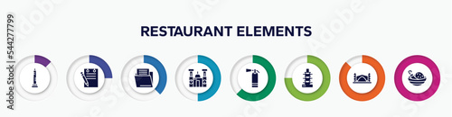 infographic element with restaurant elements filled icons. included walled obelisk, padnote, file folder, cathedral of morelia, extinguishing, auspicious light pagoda, stari most, spicy food vector.