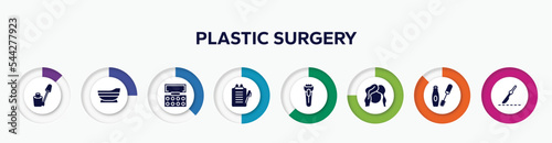 infographic element with plastic surgery filled icons. included nail color, bathtube, eyeshadow, medical report, shaver, hairdresser, mascara makeup, scalpel vector.