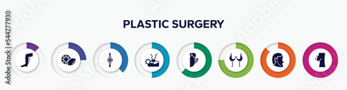 infographic element with plastic surgery filled icons. included calf, lemon slice, wrist watch, aroma, otoplasty, breast reduction, implant, nipple vector.