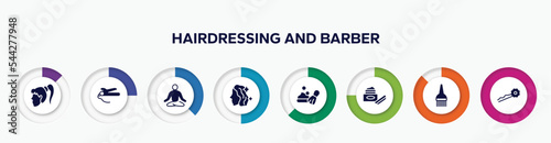 infographic element with hairdressing and barber filled icons. included female head, hair straighter and hair curler, lotus position, hair treatment, shaving foam, skincare, brush tool, hairpin